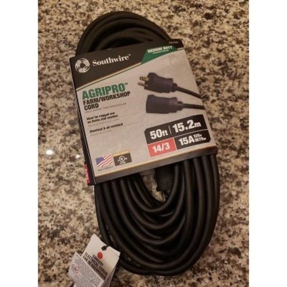New Southwire Medium Duty Extension Cord, 50Ft, 14 Gauge, 3 Conductor